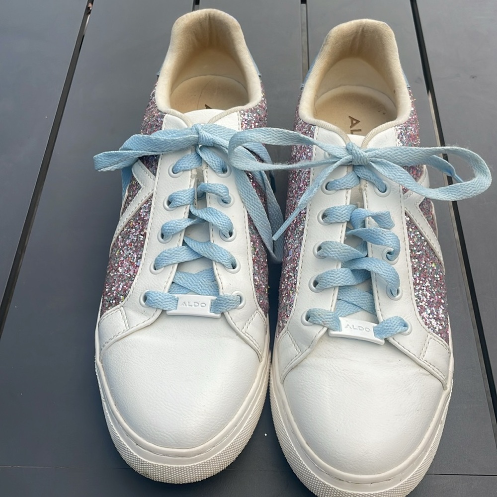 Women’s Aldo sneaker, pink glitter, blue ties. Size 8.5